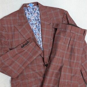 Cavani Full Suit Men's 48L 36"x34" Burgundy Plaid Wool Johnny Newman